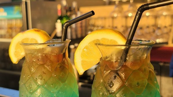 a glass with a blue cup