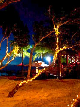 lights wrapped around the trees glowing at night at the Beach Bar & Grill in Tumon, Guam