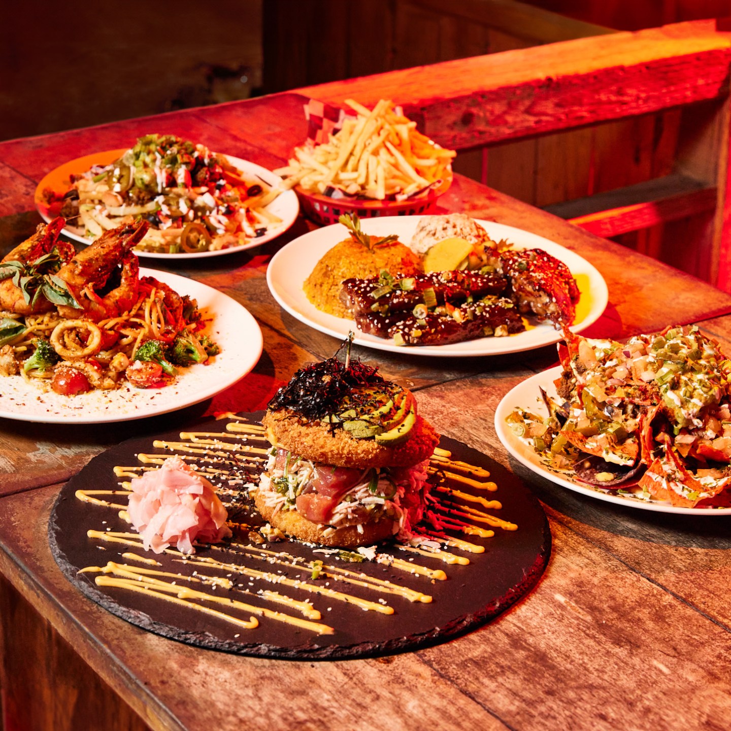 a plate of food on a wooden table