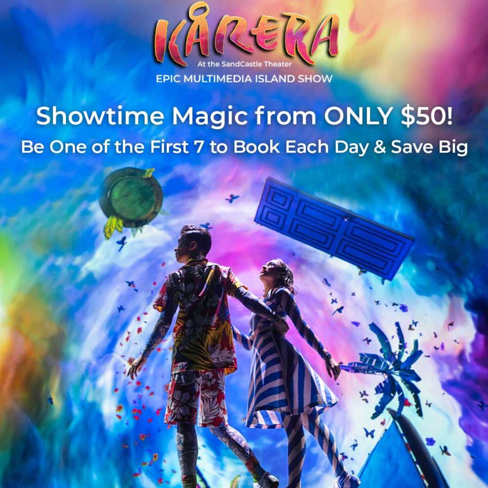 Two performers in colorful outfits on stage, vivid background with swirls and floating objects.