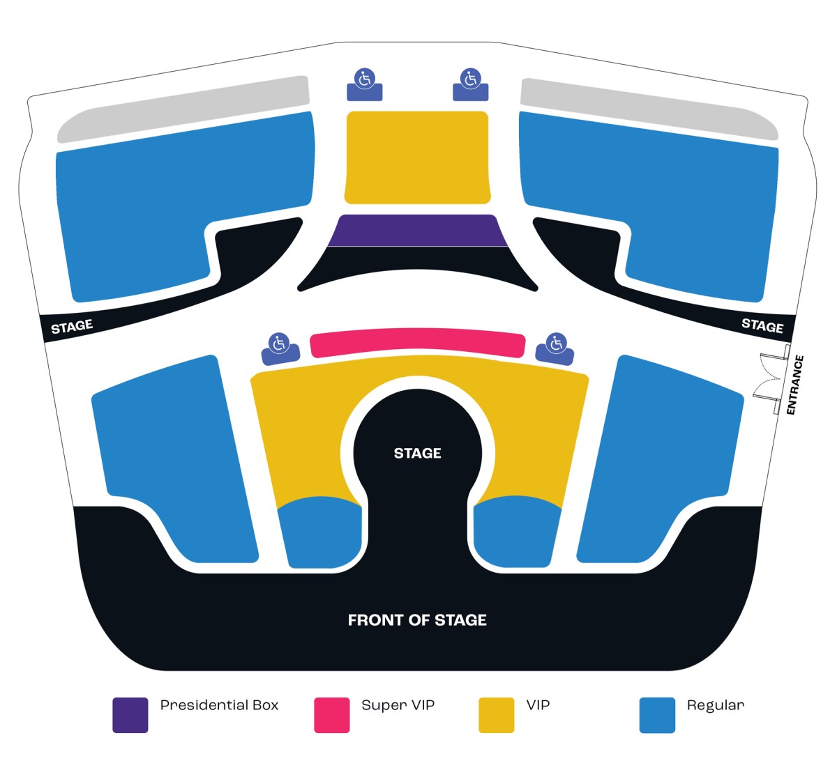 Seating plan with color-coded sections: Presidential Box, Super VIP, VIP, Regular.