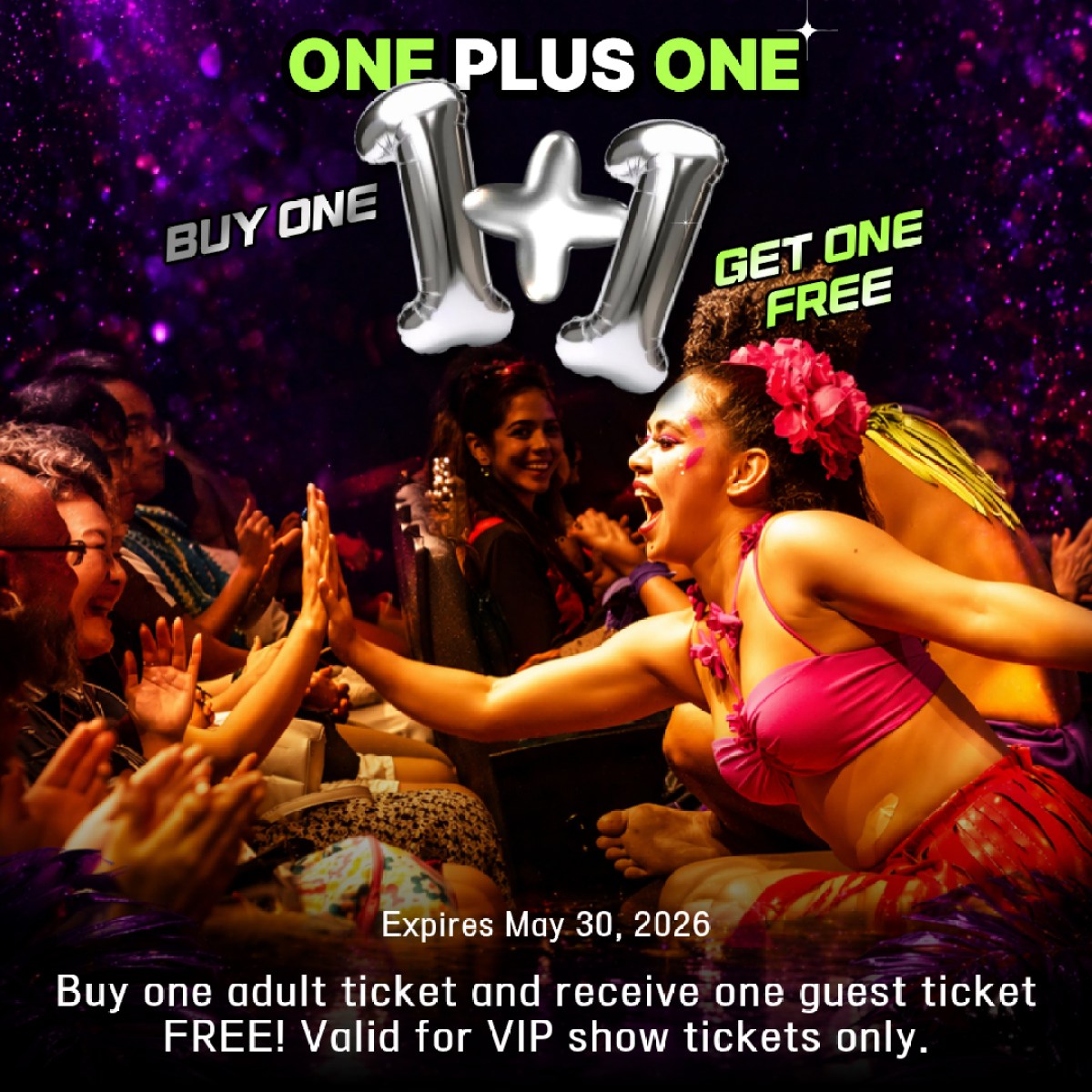 Excited performer in colorful outfit interacts with audience, promoting a buy one get one free ticket offer.