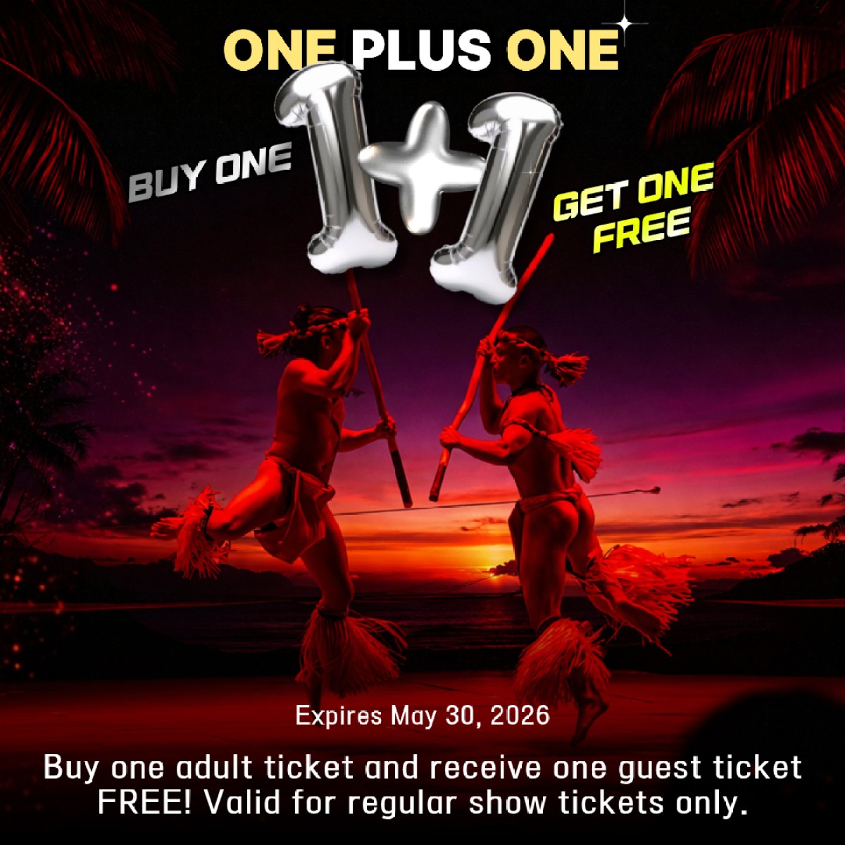Tropical theme with 'Buy One Get One Free' offer and two tribal dancers with spears at sunset.