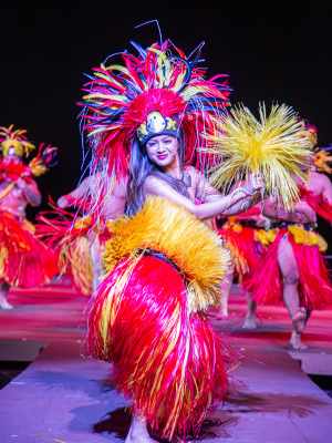 Dancers in vibrant red and yellow costumes perform on stage at night.