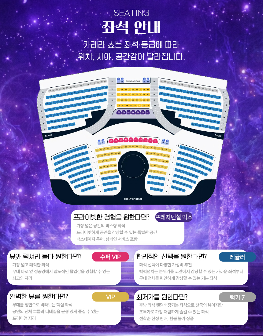 괌 카레라쇼 좌석 안내, VIP부터 일반석까지 좌석 배치와 등급별