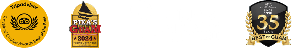 Four awards logos: Tripadvisor, Pika's Best of Guam 2024, Guam Visitors Bureau, 35 Years Best of Guam.