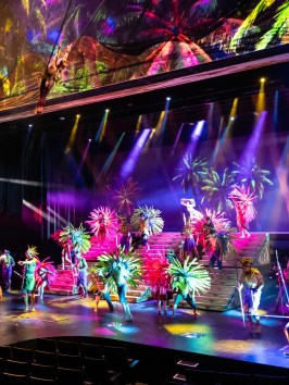 a person on stage with stage lights and an audience