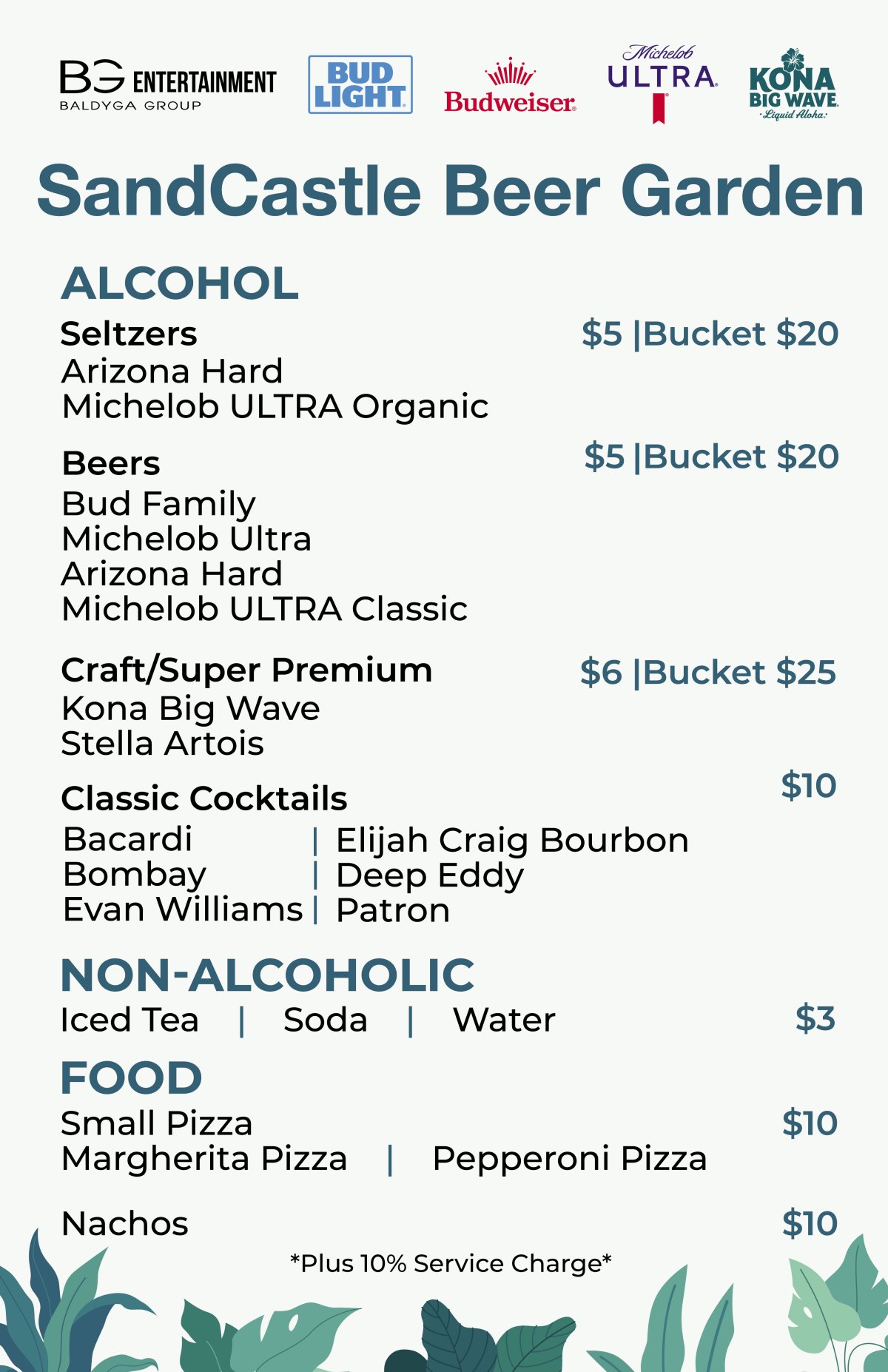 SandCastle Beer Garden menu with alcohol, non-alcoholic drinks, and food options with prices.