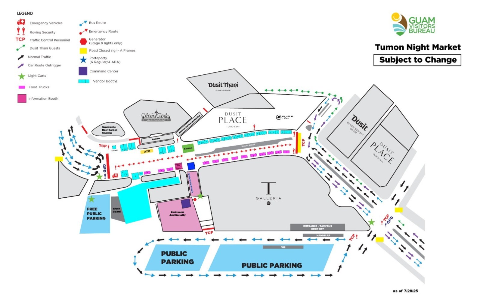 Layout map of Tumon Night Market including routes, booths, parking, and Dusit Thani hotel.