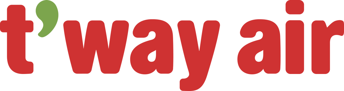 Logo with red text 't'way air' and a small green accent above the 't'.