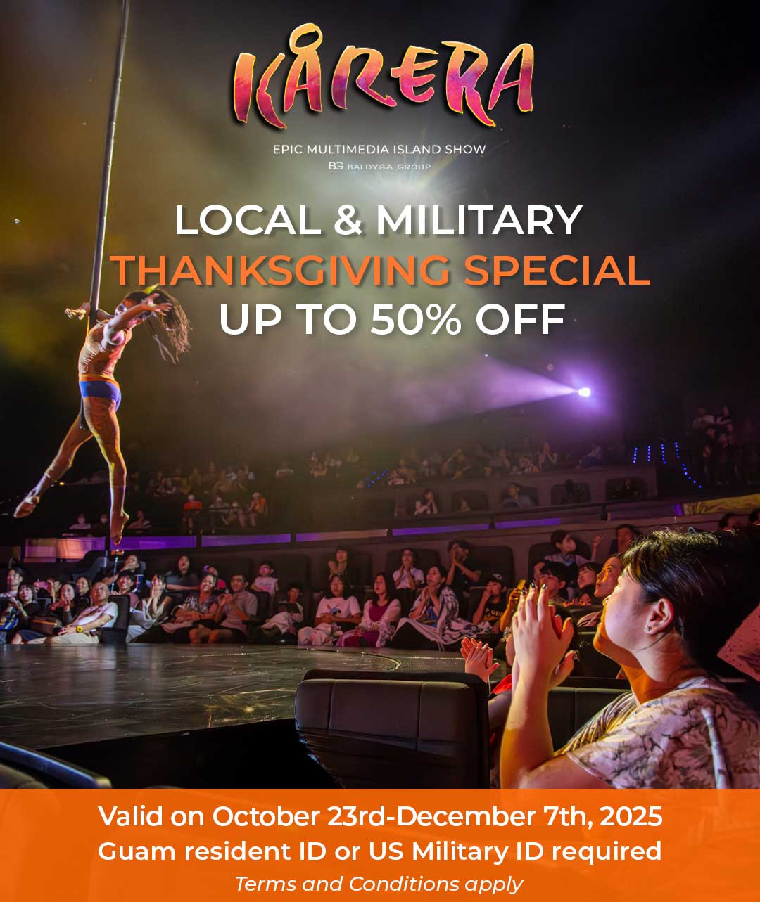 Pole performer on stage with audience, ad for Thanksgiving special, up to 50% off.