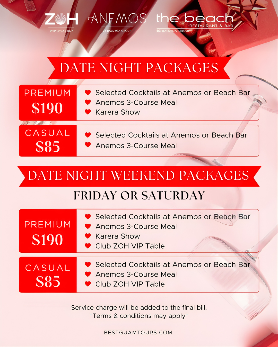 Red and white flyer with restaurant date night package details and prices.