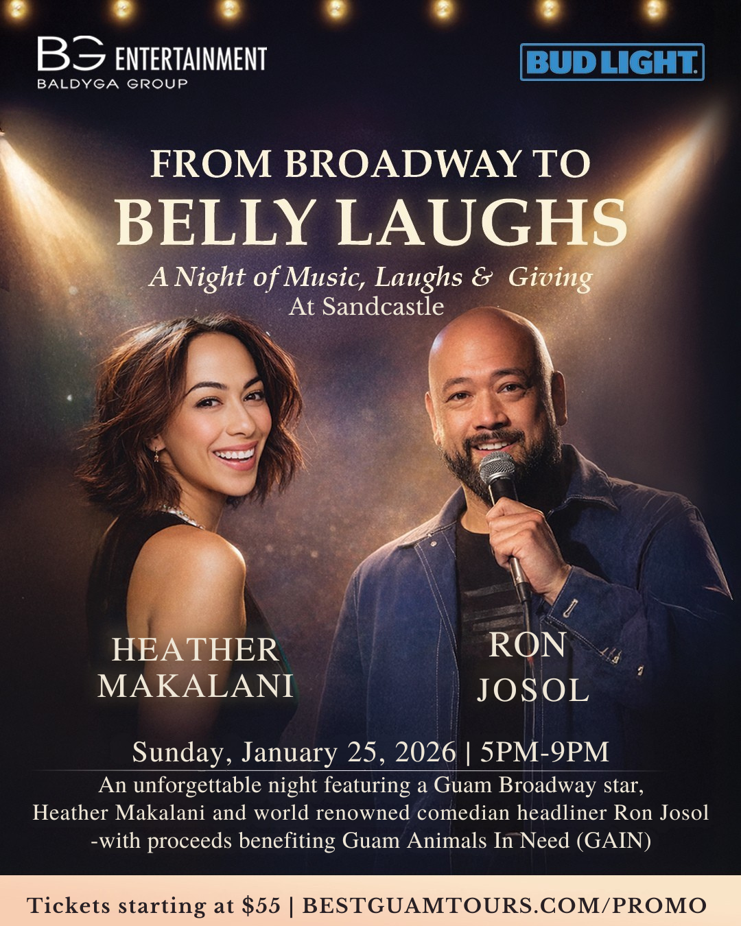 Event poster: 'From Broadway to Belly Laughs' featuring Heather Makalani and Ron Josol, January 25, 2026.