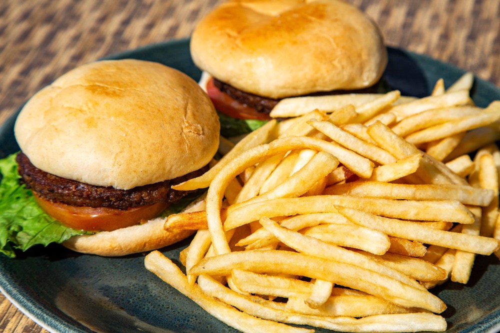 Two burgers with lettuce, tomato, and fries on a blue plate.