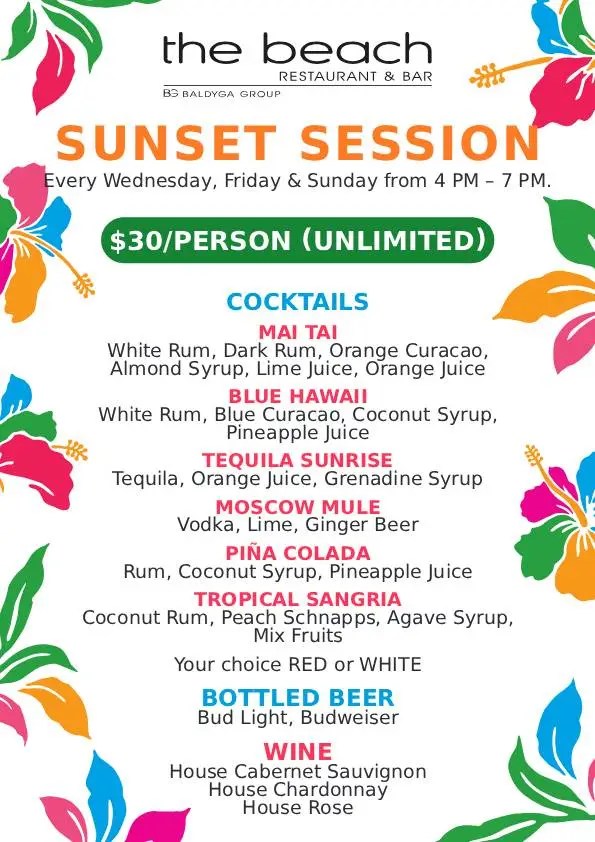 Colorful drink menu for 'The Beach' with cocktails, beer, and wine offers for a Sunset Session event.