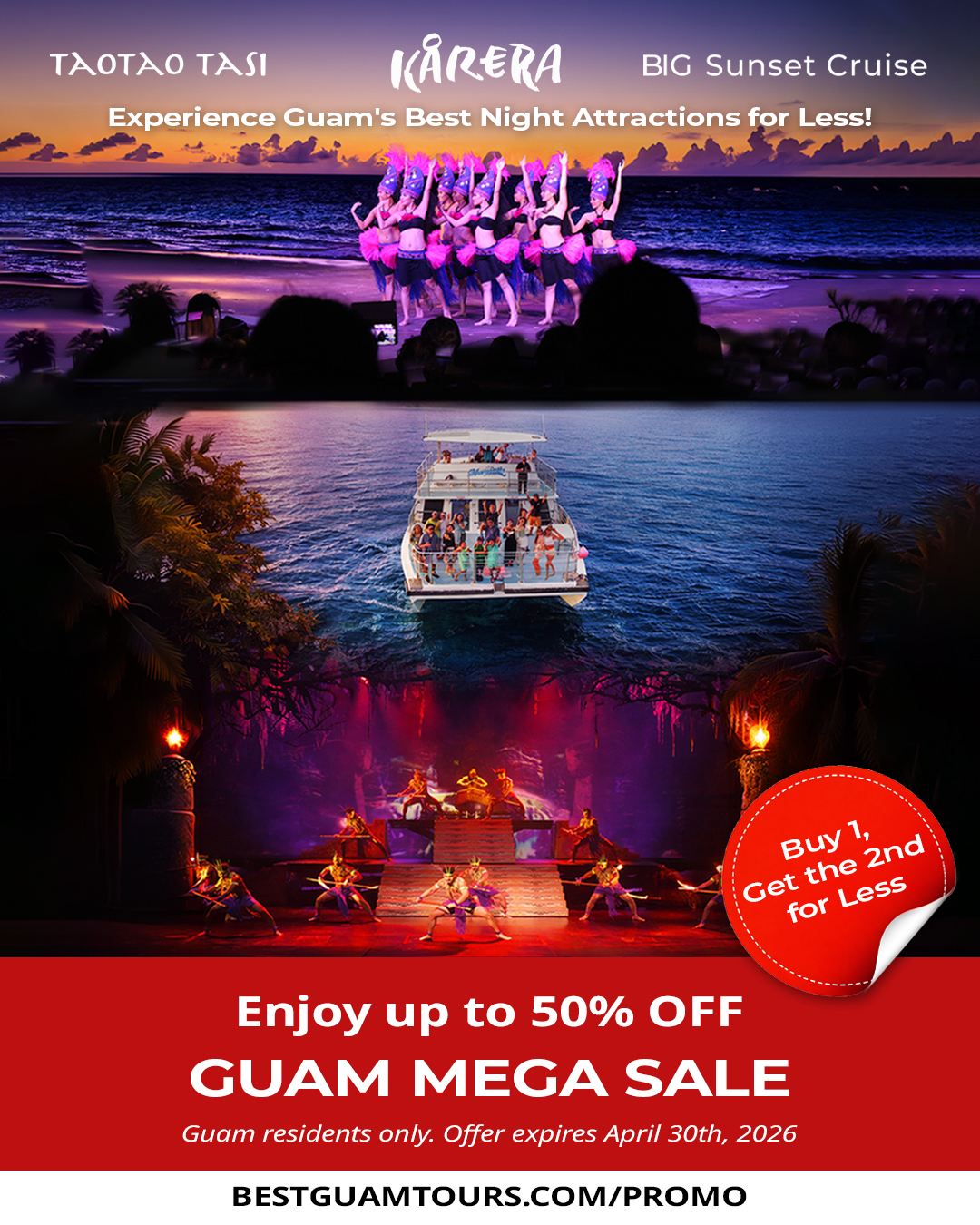 Promotional poster: dancers on beach, yacht cruise, evening show, up to 50% off Guam attractions.