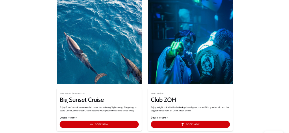 Two promotional cards: Big Sunset Cruise with dolphins, Club ZOH with people in a nightclub.