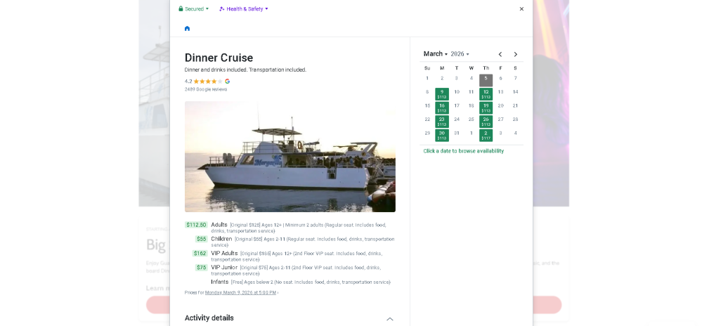 Dinner cruise booking page showing a docked boat and pricing details.