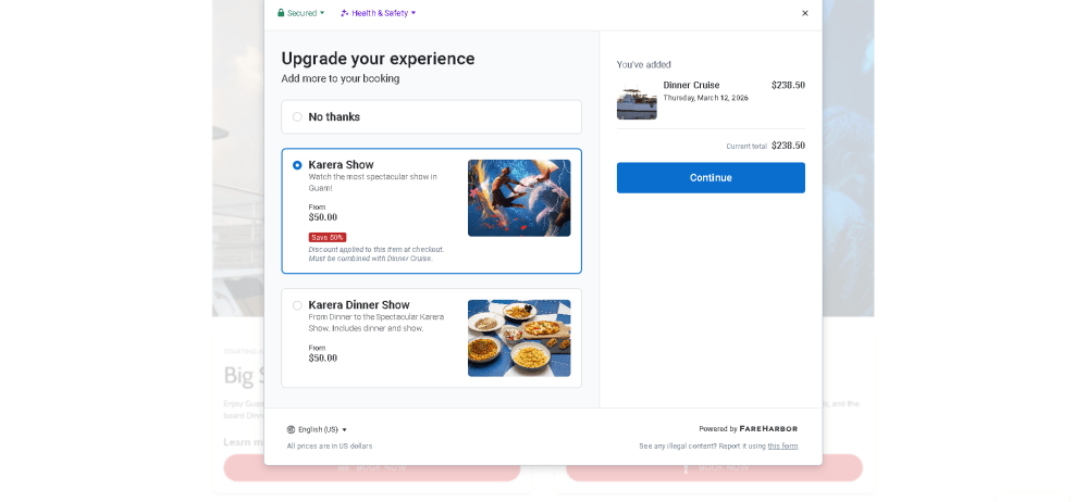 Booking upgrade options for a dinner cruise including a show or dinner show.