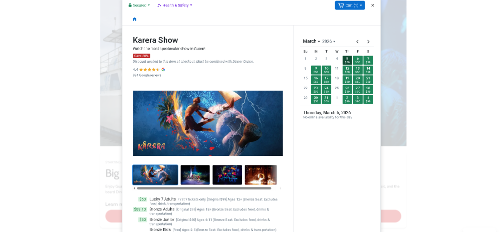 Karera Show booking page with images, prices, and March 2026 calendar.