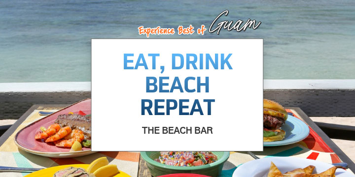 Sign says 'Eat, Drink, Beach, Repeat - The Beach Bar' with food and ocean view.