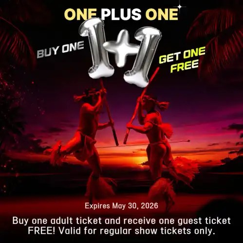 Buy one get one free ticket offer with dancers and sunset background.
