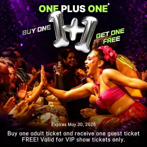 Performer high-fives audience; text about buy one get one free VIP tickets, expires May 30, 2026.