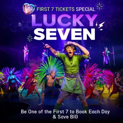 Performers in colorful costumes with 'Lucky Seven' promotion text.