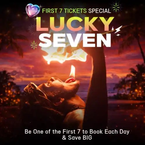 Person performing fire breathing with 'Lucky Seven' text at sunset.