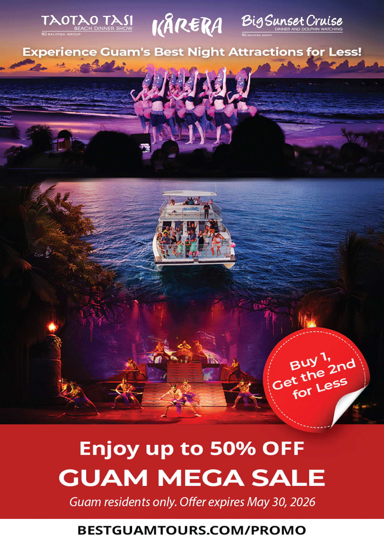 Promotional poster for Guam attractions with dancers, boat scene, and sale information.