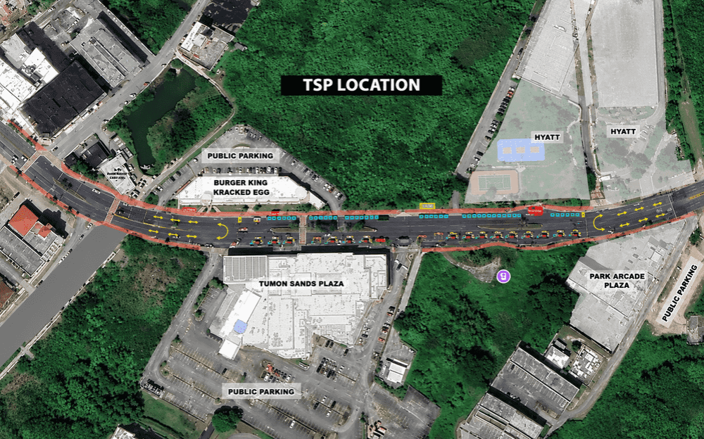 Aerial view of Tumon road with landmarks labeled, including TSP location.