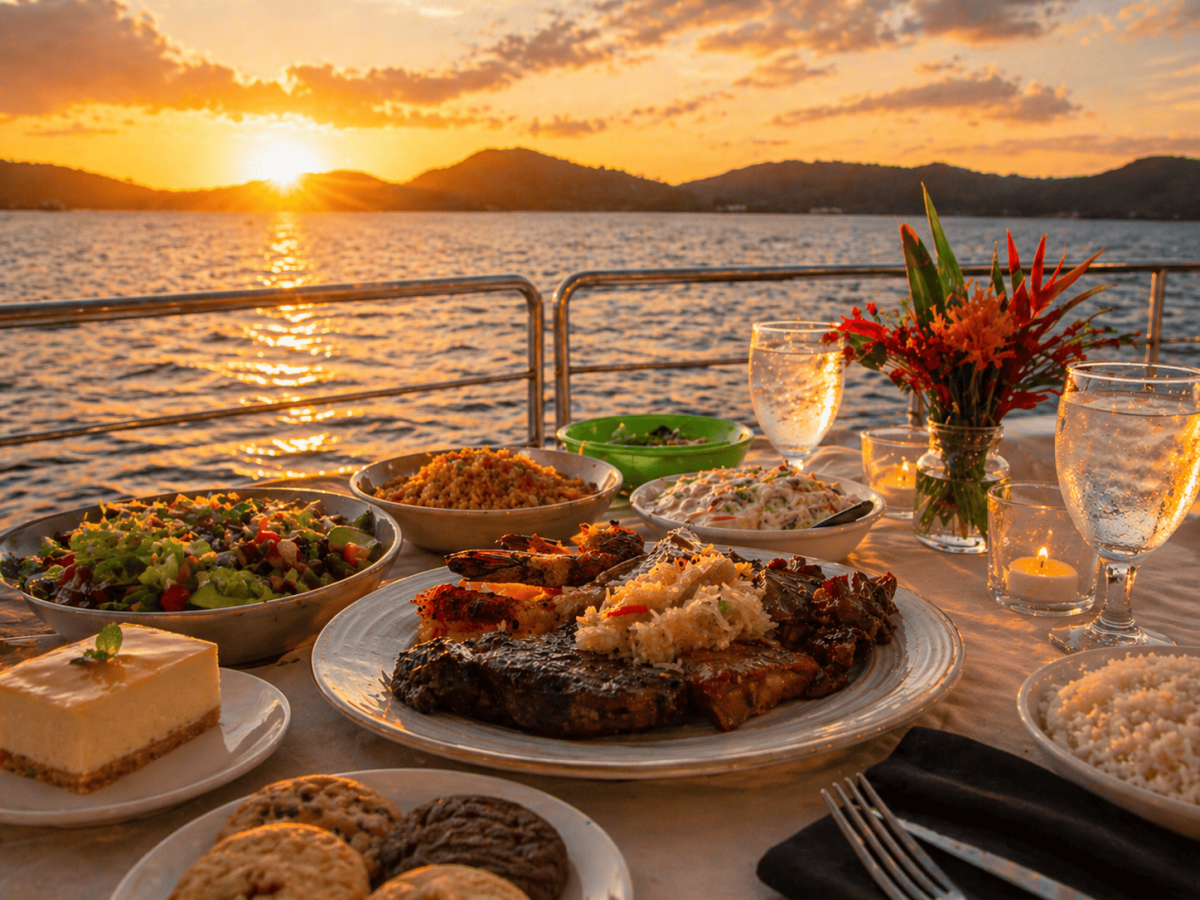 Dinner on a boat at sunset with various dishes and drinks.