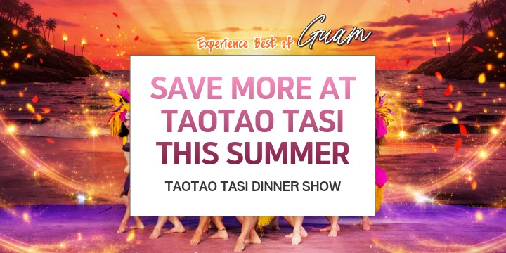 Tropical sunset with promo text for a summer dinner show in Guam.