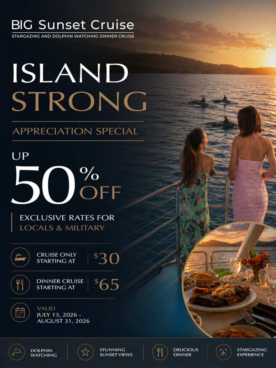 BSC - People on a boat at sunset, promoting a cruise with discounts up to 50% and exclusive rates for locals and military.