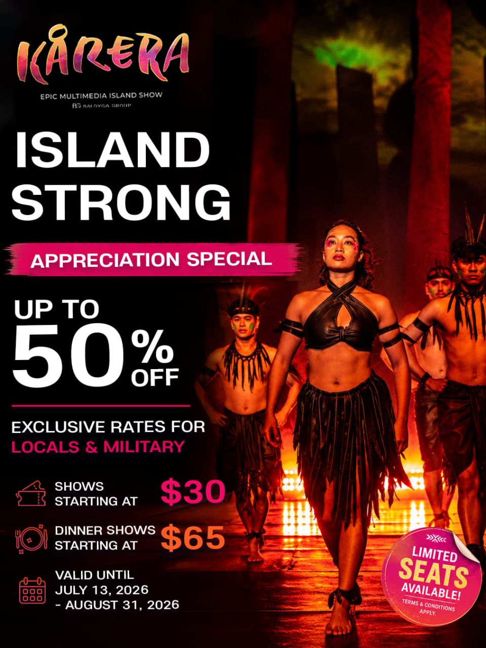 Performers on stage with island-themed attire, offering 50% off show tickets for locals and military until 2026.