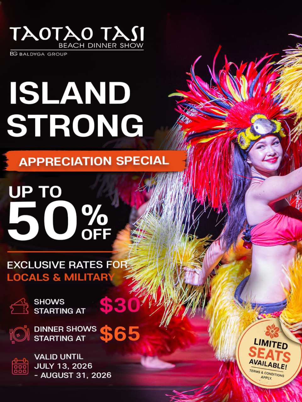 Colorful beach dinner show ad with performers in vibrant costumes, featuring 50% discount offer.
