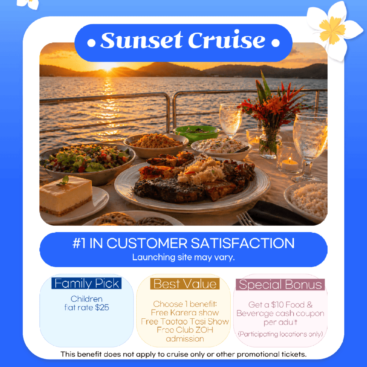 BSC - BIG Sunset Dinner Cruise promotion featuring dolphin and shark viewing, a hearty dinner, unlimited drinks, and a sunset cruise, plus family pricing, free activity tickets, and a $10 dining voucher per adult.