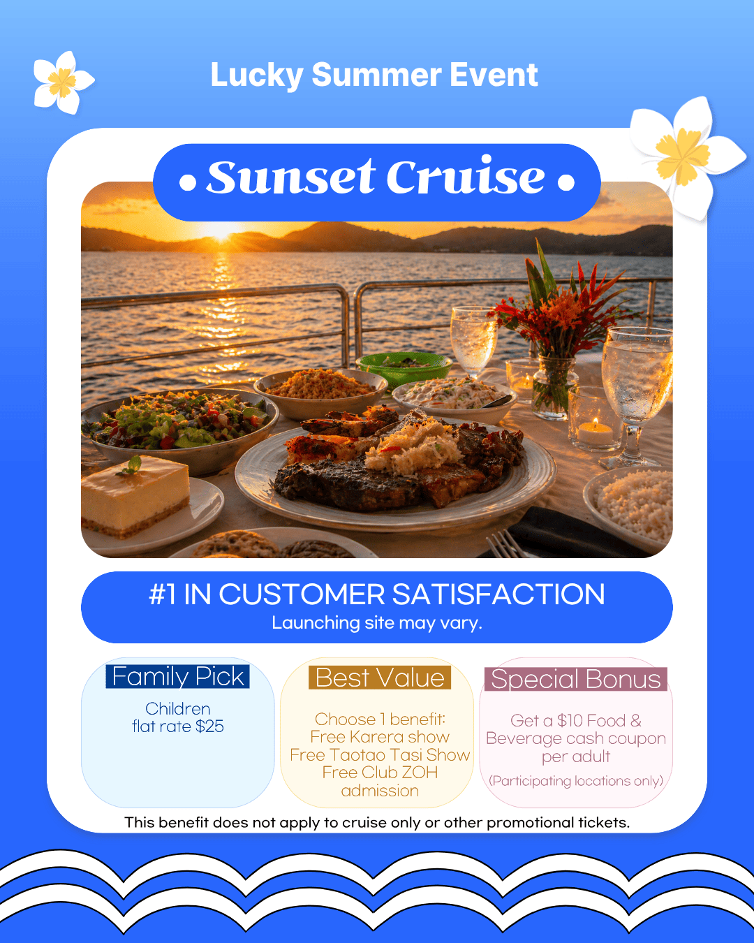 BIG Sunset Dinner Cruise promotion featuring dolphin and shark viewing, a hearty dinner, unlimited drinks, and a sunset cruise, plus family pricing, free activity tickets, and a $10 dining voucher per adult.