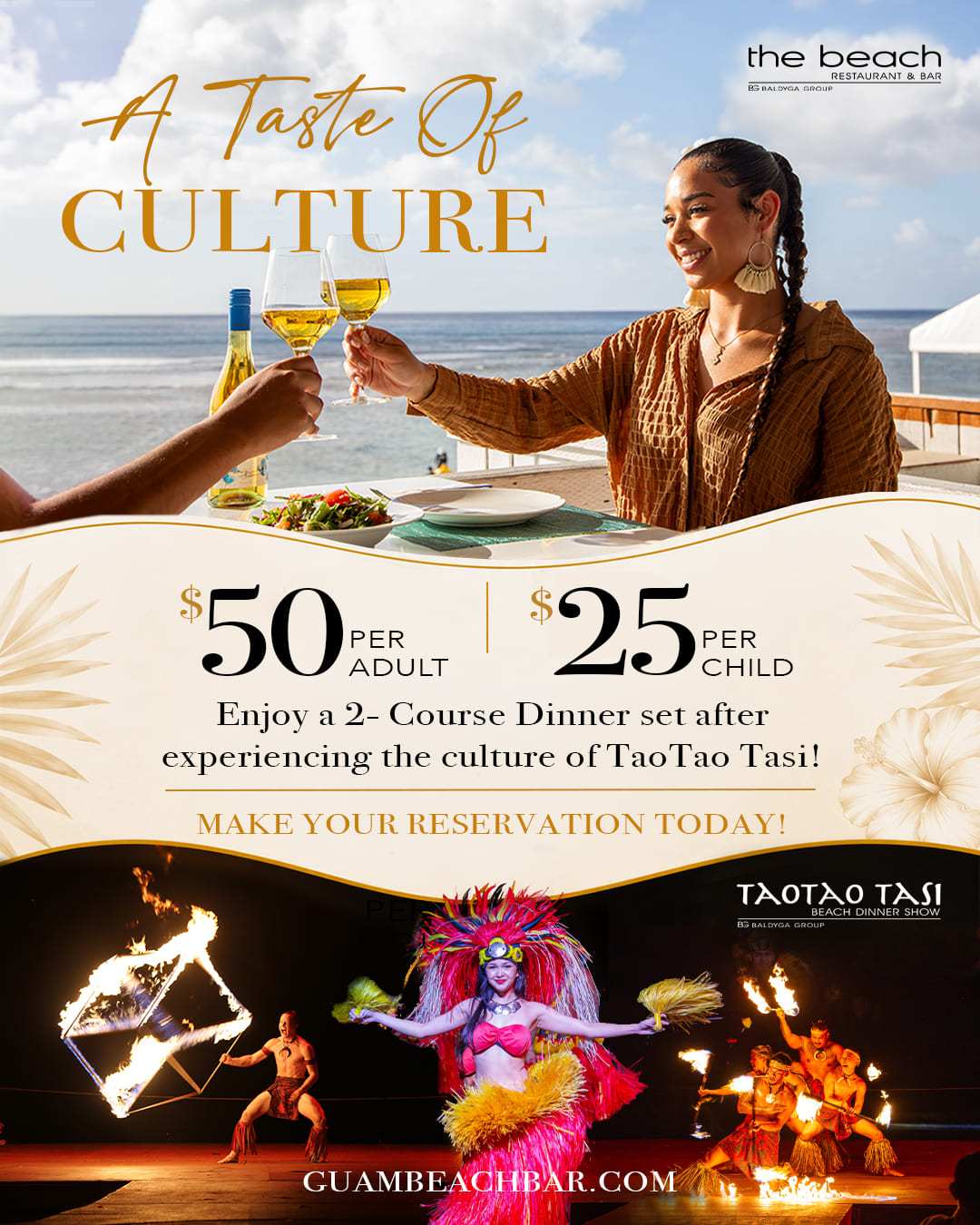 Couple dining outdoors, cheersing drinks, with cultural performance below.