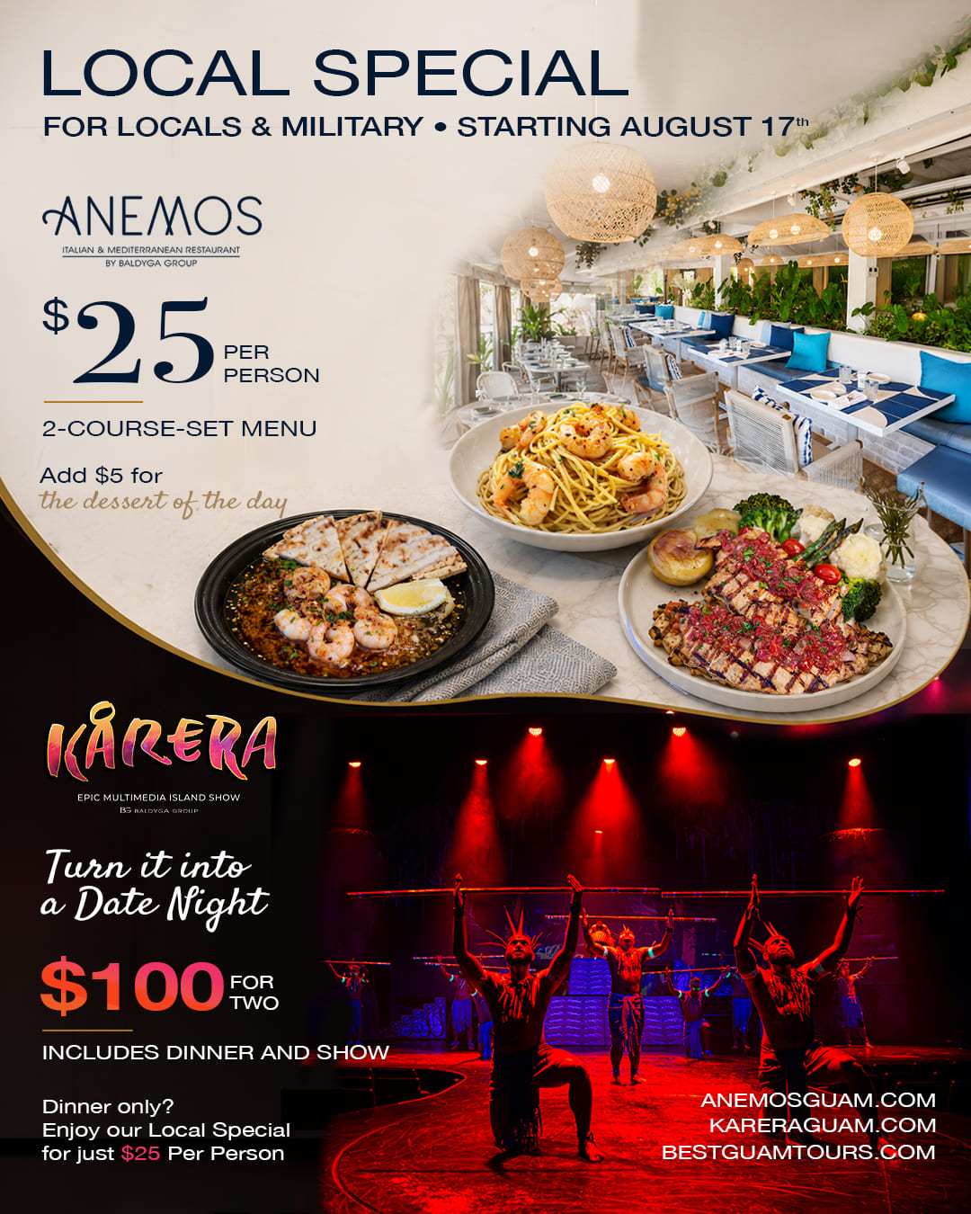 Promotional flyer for restaurant and show offers with food images and performance photo.