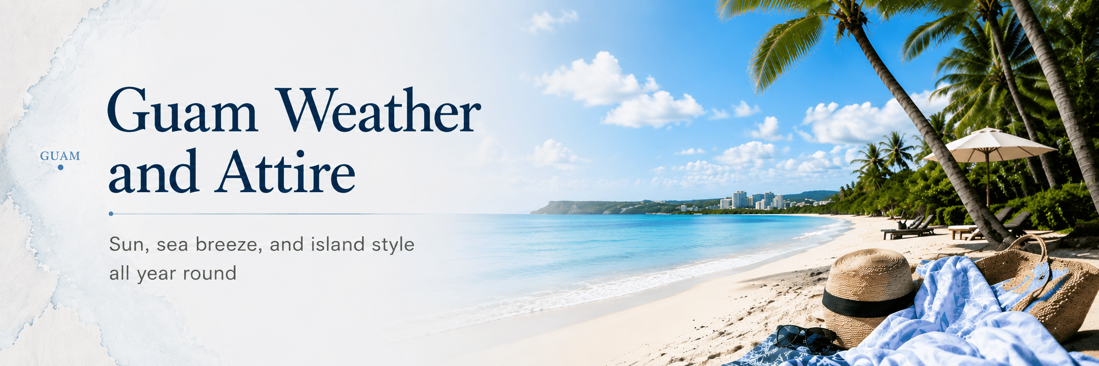 Beach scene with palm trees, hats, and text: 'Guam Weather and Attire'.
