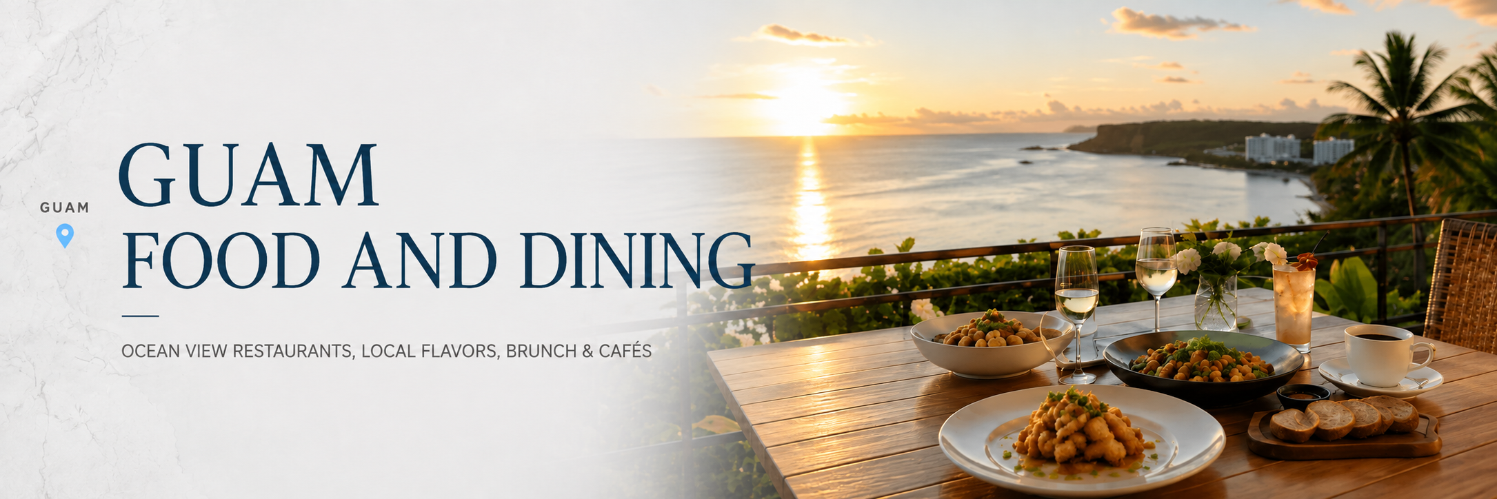 Table with food overlooking ocean at sunset; text 'Guam Food and Dining' on the side.