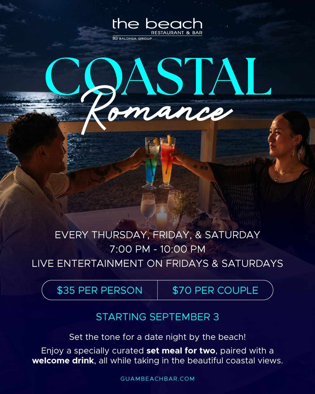 Couple enjoying drinks at sunset with 'Coastal Romance' event details.