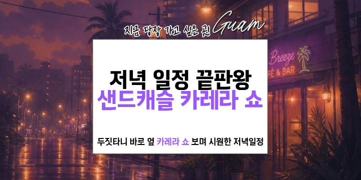Korean text overlay on a city street view at dusk with palm trees and shops.