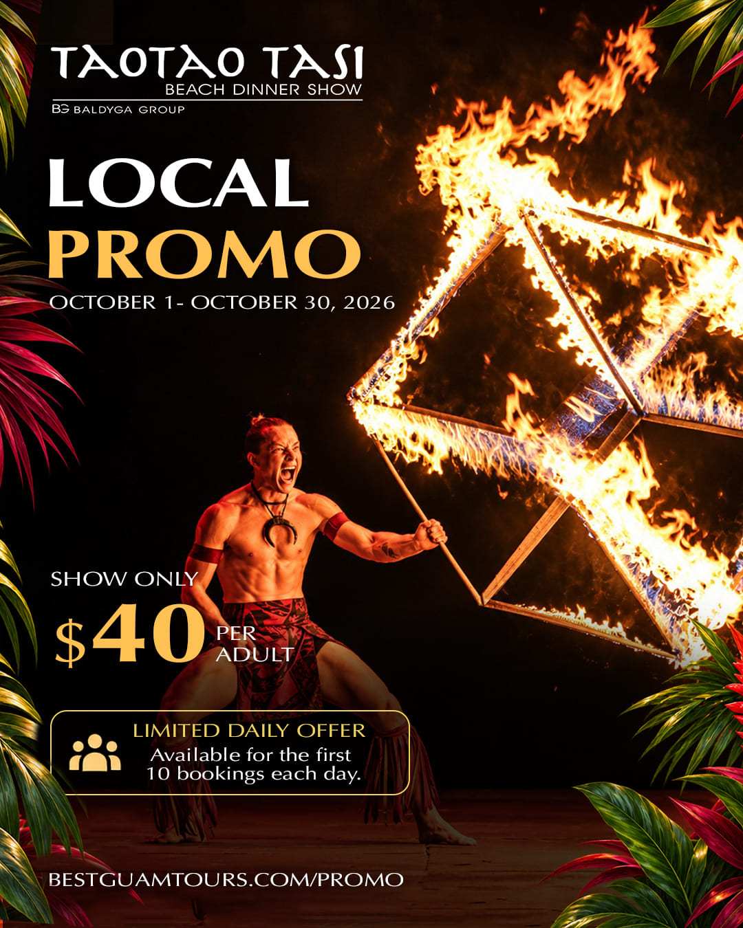 Fire dancer with flaming cube, Taotao Tasi promo details on black background.