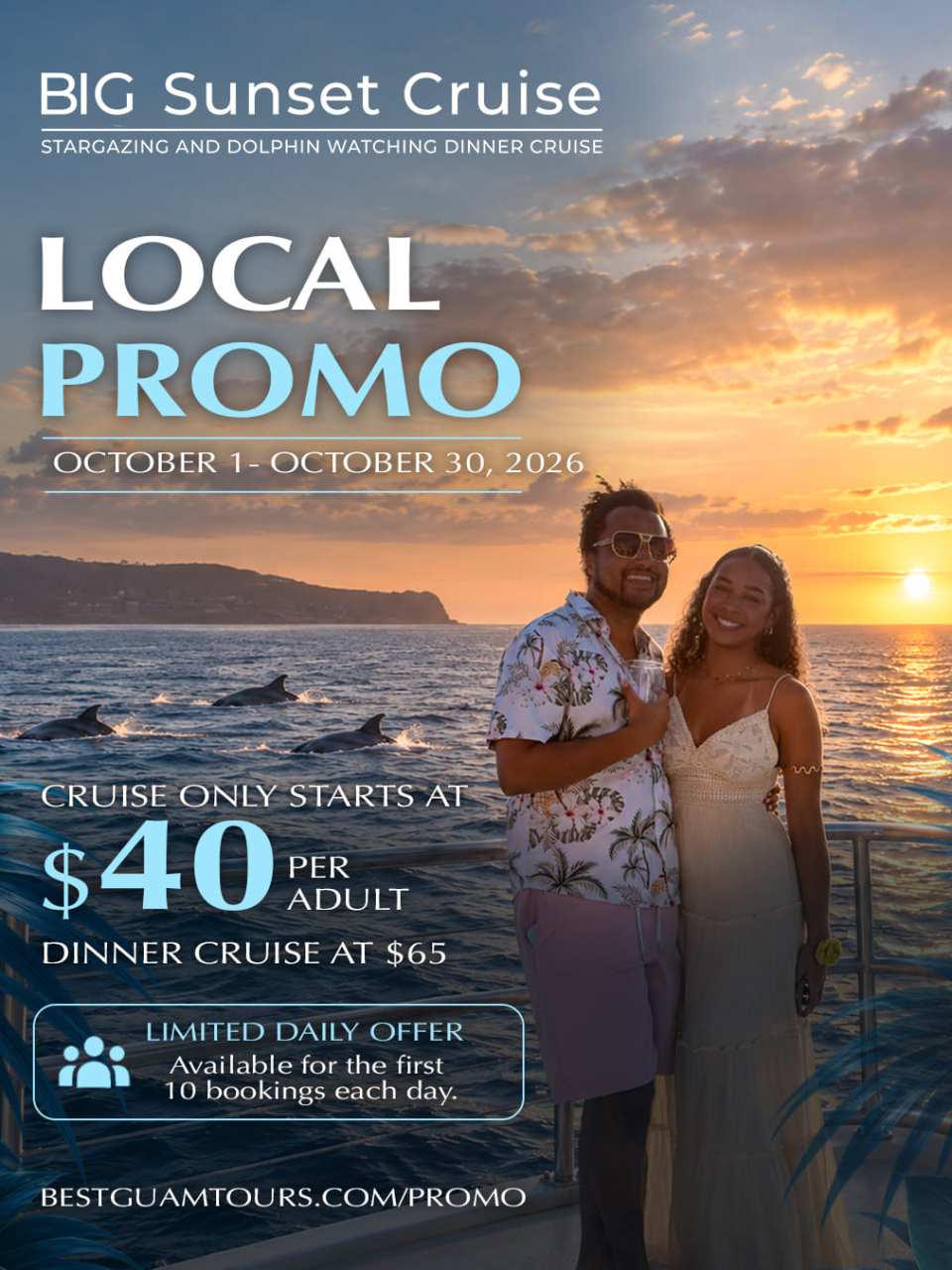 Couple on sunset cruise promo, dolphins in background, starts at $40.