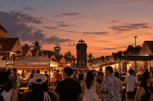 Crowd at an outdoor market during sunset with tents and palm trees.