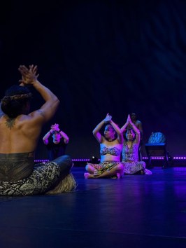 Group performing a traditional dance on stage with colorful costumes.